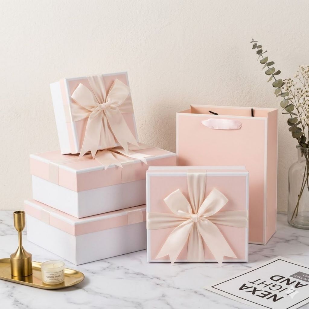 Hộp Đựng Quà Sinh Nhật Kèm Túi Giấy Cao Cấp Màu Hồng Pastel Nhiều Kích Thước Sang Trọng - Tặng kèm thiệp