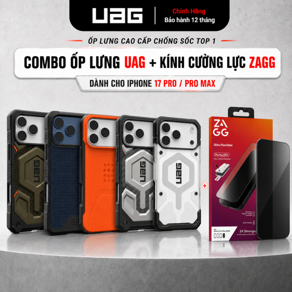 [iPhone 17 Pro/Promax] Combo Ốp Lưng UAG và Kính Cường Lực Zagg Chống Sốc Chuẩn Quân đội, Bảo Hành Chính Hãng 12 Tháng