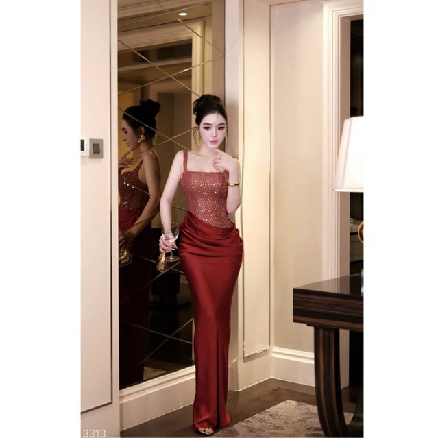 Đầm maxi cổ vuông đi tiệc ren phối lụa xếp hông sang trọng NEWCOLLECTION