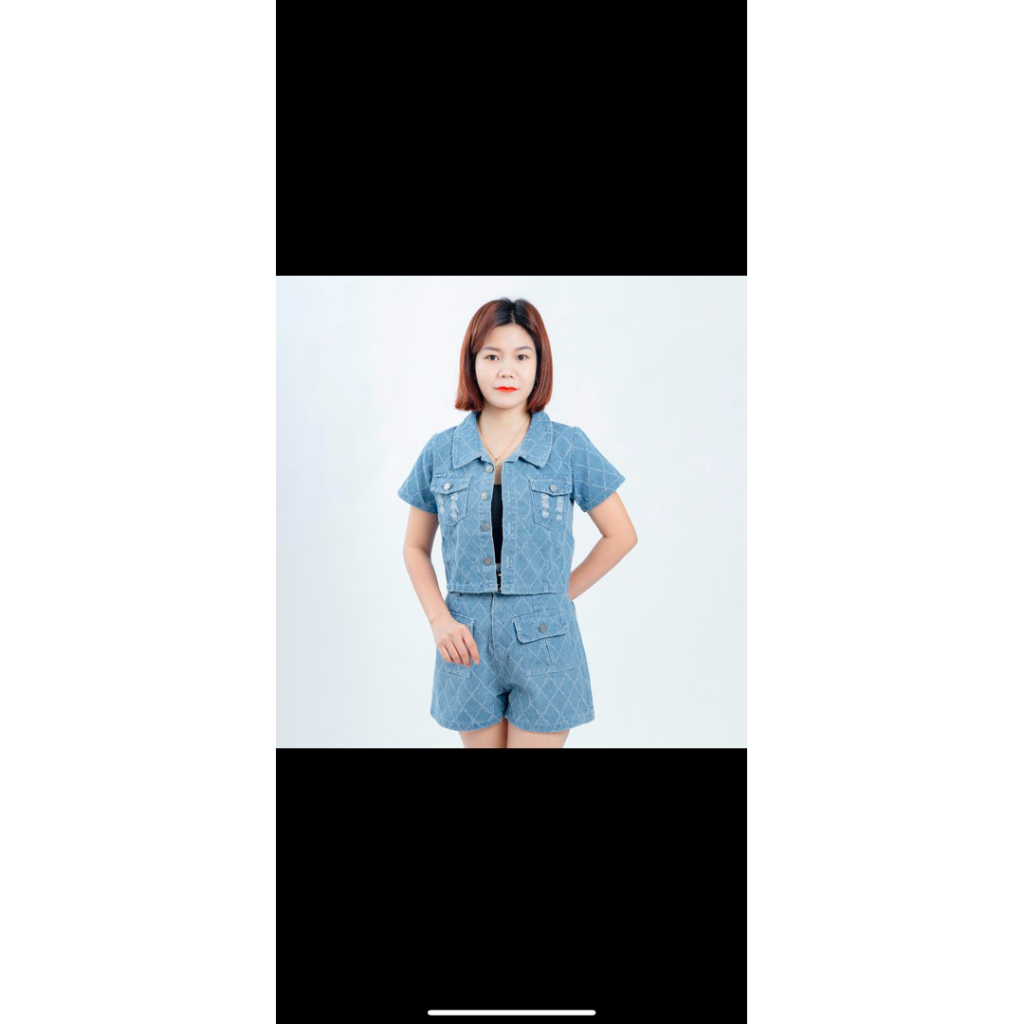 Sét Jean Nữ Cao Cấp Áo Croptop Mix Quần Đùi Cạp Cao Túi Hộp - MÀU XANH ĐẬM BT001
