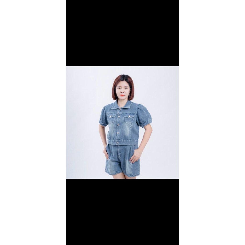 Sét Jean Nữ Cao Cấp Áo Croptop Mix Quần Đùi Cạp Cao Túi Hộp - MÀU XANH ĐẬM BT001