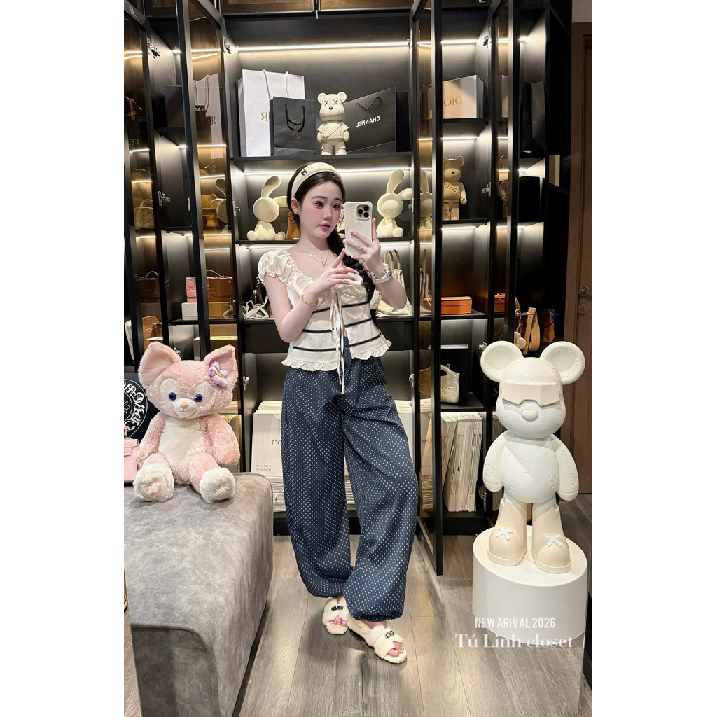 Set Nữ Áo Bèo Nhún Cột Dây + Quần Ống Rộng Chấm Bi – Set Nàng Thơ Thanh Lịch Dễ Thương