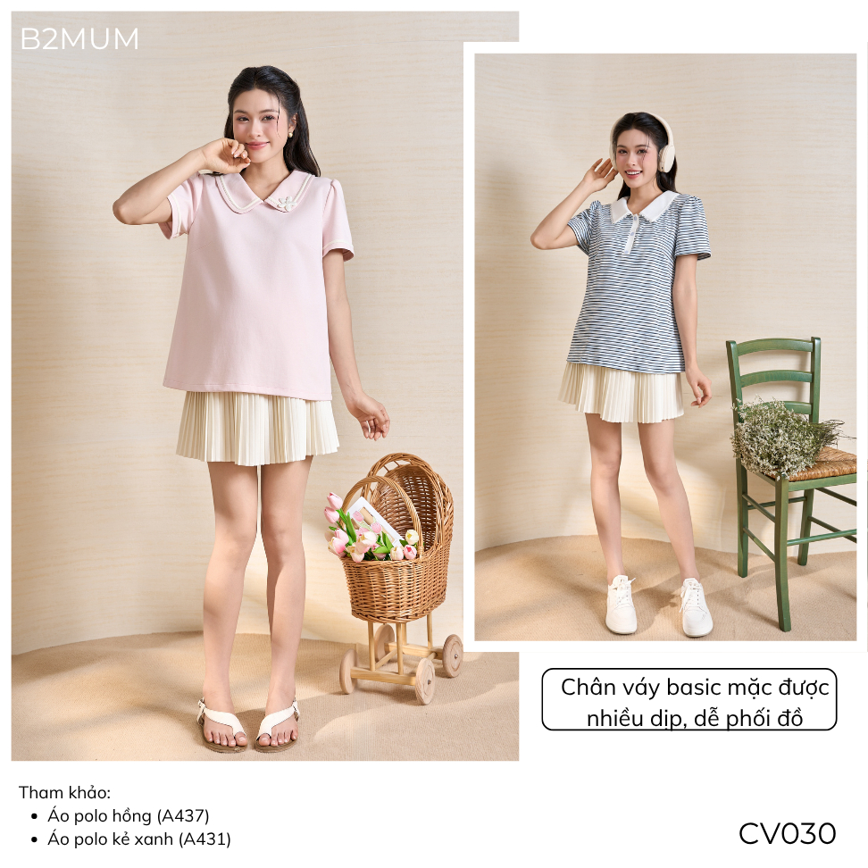 Chân Váy Bầu Xòe Xếp Ly Cạp Thun Co Giãn – Mặc Đi Làm/ Đi Chơi, Có Quần Bảo Hộ - Vella Skirt CV030 By B2MUM