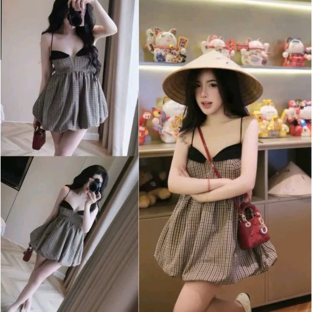 Váy 2 Dây Dáng Bí Họa Tiết Kẻ Caro Phối Cúp Ngực Đen Tiểu Thư Sang Chảnh Nữ - CHAMIE STUDIO