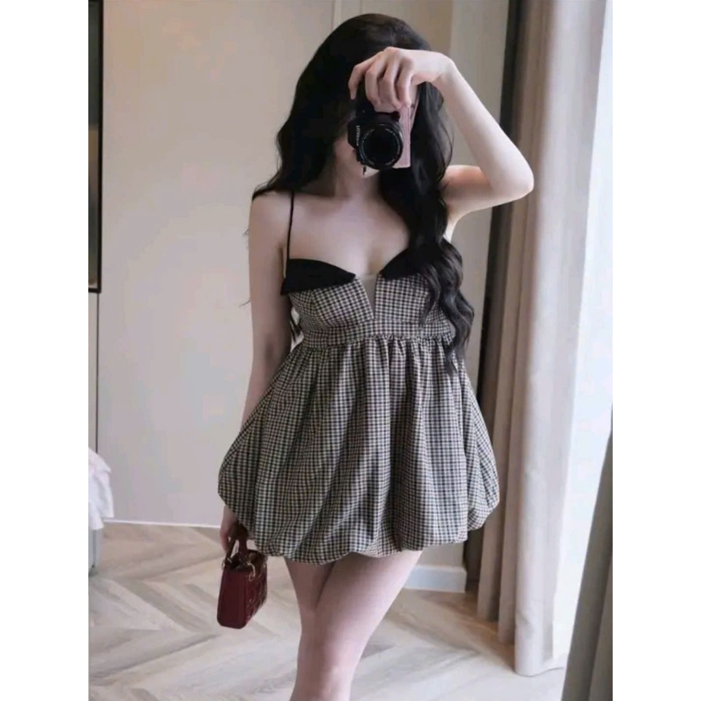 Váy 2 Dây Dáng Bí Họa Tiết Kẻ Caro Phối Cúp Ngực Đen Tiểu Thư Sang Chảnh Nữ - CHAMIE STUDIO