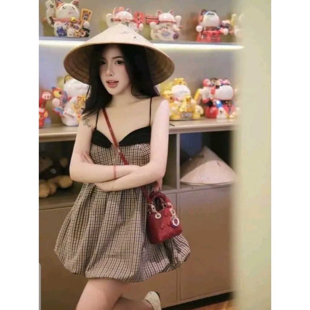 Váy 2 Dây Dáng Bí Họa Tiết Kẻ Caro Phối Cúp Ngực Đen Tiểu Thư Sang Chảnh Nữ - CHAMIE STUDIO
