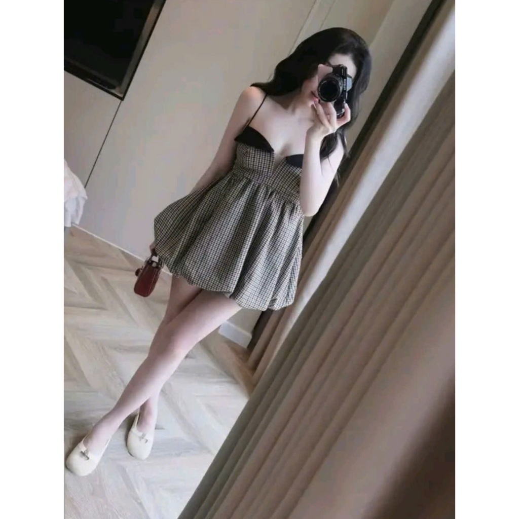 Váy 2 Dây Dáng Bí Họa Tiết Kẻ Caro Phối Cúp Ngực Đen Tiểu Thư Sang Chảnh Nữ - CHAMIE STUDIO