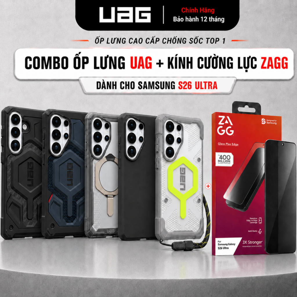 [Samsung S26 Ultra] Combo Ốp Lưng UAG Và Kính Cường Lực Zagg Chống Sốc Chuẩn Quân Đội, Bảo Vệ Toàn Diện