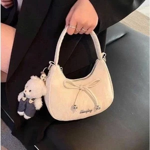 Túi xách nữ mini cầm tay da nhung hàn quốc dáng bầu - Túi đeo vai phối nơ kèm gấu thời trang cao cấp - DK193