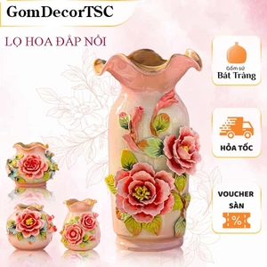 Lọ Hoa Đắp Nổi Gốm Sứ Bát Tràng Màu Hồng Pastel - Bình Cắm Hoa Decor Nghệ Nhân Cao Cấp Gomdecortsc