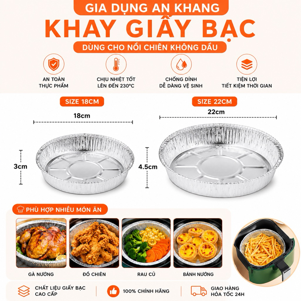 Khay Giấy Bạc Lót Nồi Chiên Không Dầu Chịu Nhiệt Cao, Nhiều Size