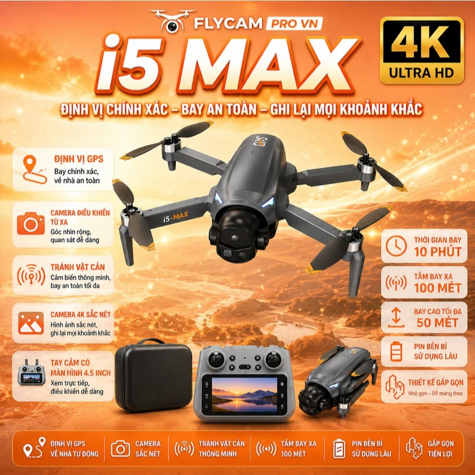 FLYCAM I5 MAX Update 2026,TAY ĐIỀU KHIỂN MÀN HÌNH 4.5 INCH, GPS TỰ QUAY ...