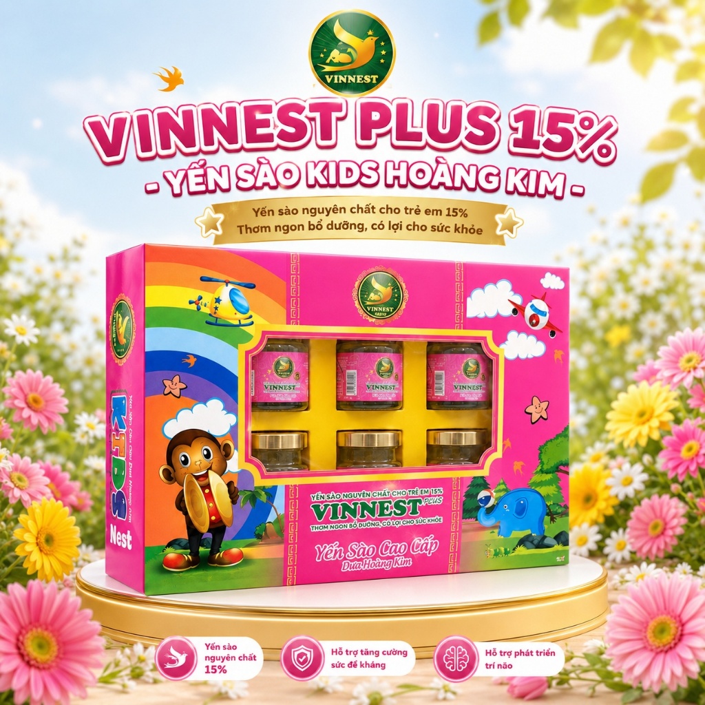 Yến Sào Vị Dưa Hoàng Kim VINNEST PLUS KIDS 15% (Hộp 6Lọ 70ml) - Yến Sào Nguyên Chất Thơm Ngon Cho Bé