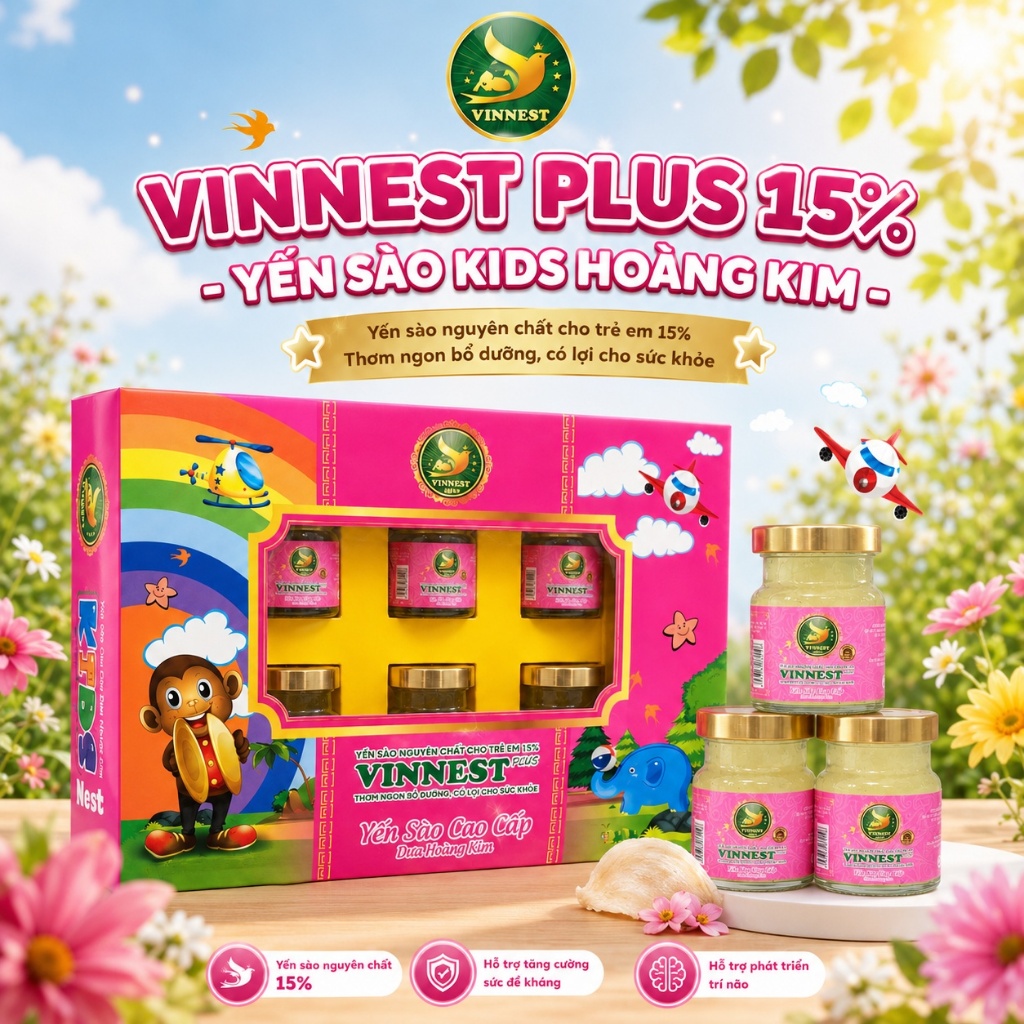 Yến Sào Vị Dưa Hoàng Kim VINNEST PLUS KIDS 15% (Hộp 6Lọ 70ml) - Yến Sào Nguyên Chất Thơm Ngon Cho Bé