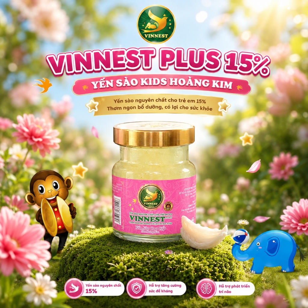 Yến Sào Vị Dưa Hoàng Kim VINNEST PLUS KIDS 15% (Hộp 6Lọ 70ml) - Yến Sào Nguyên Chất Thơm Ngon Cho Bé