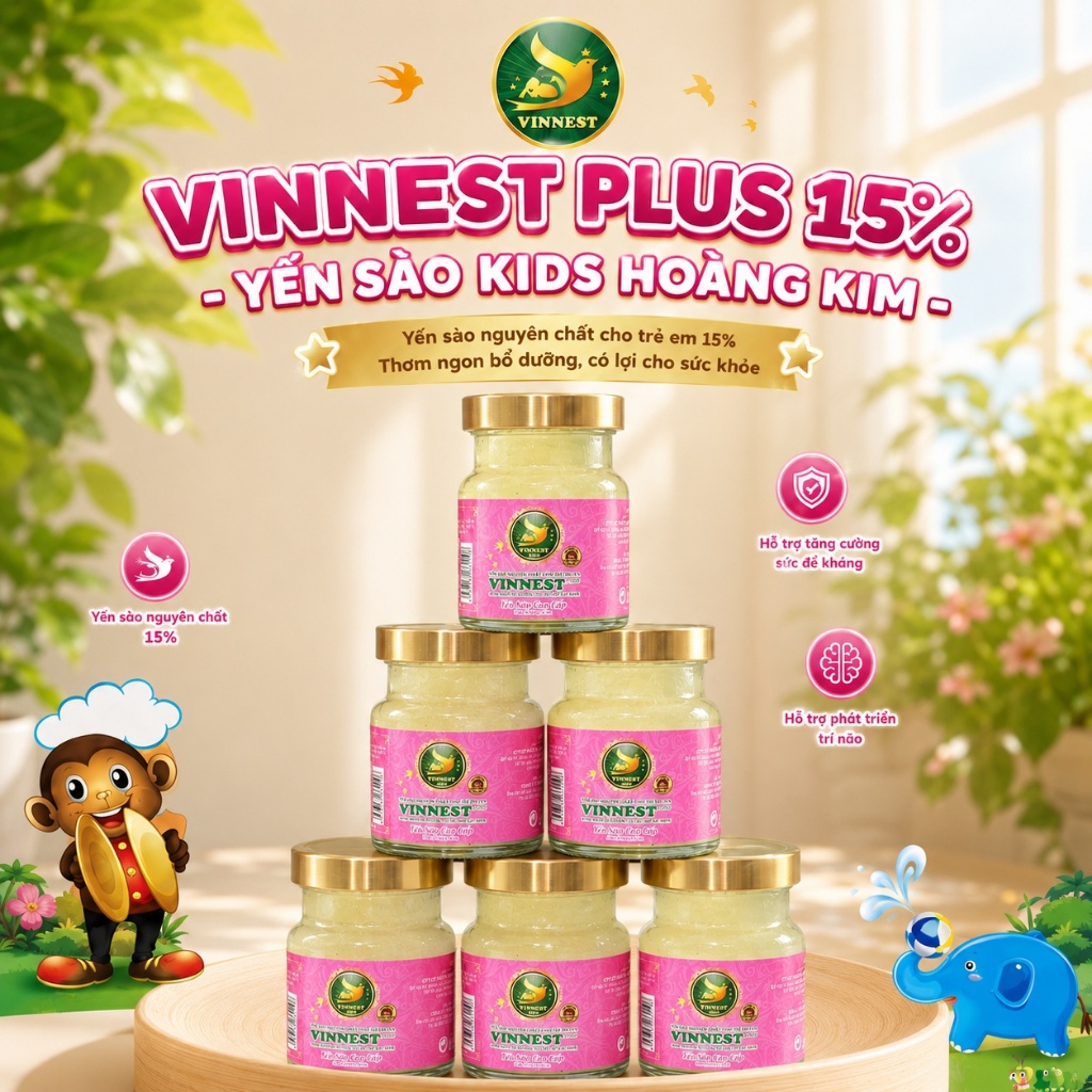 Yến Sào Vị Dưa Hoàng Kim VINNEST PLUS KIDS 15% (Hộp 6Lọ 70ml) - Yến Sào Nguyên Chất Thơm Ngon Cho Bé