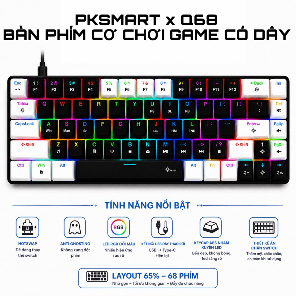 PKSMART x Q68 - Bàn Phím Cơ Chơi Game Có Dây - LED RGB Đổi Màu - Anti ...