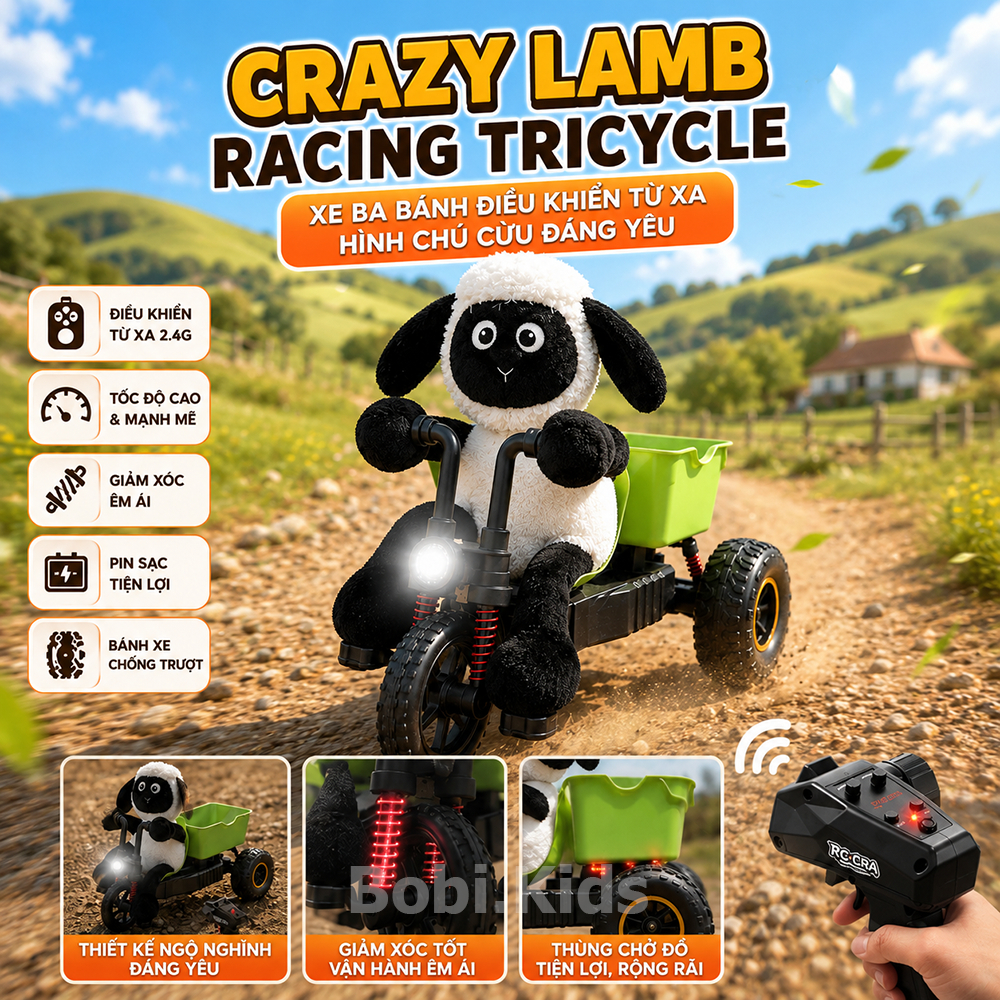 Xe Điều Khiển Từ Xa 3 Bánh Cừu RC Tốc Độ Cao - Xe Drift Đặc Nhiệm Có Gấu Bông, Ga Toàn Phần, Chống Lật, Pin Sạc Siêu Bền