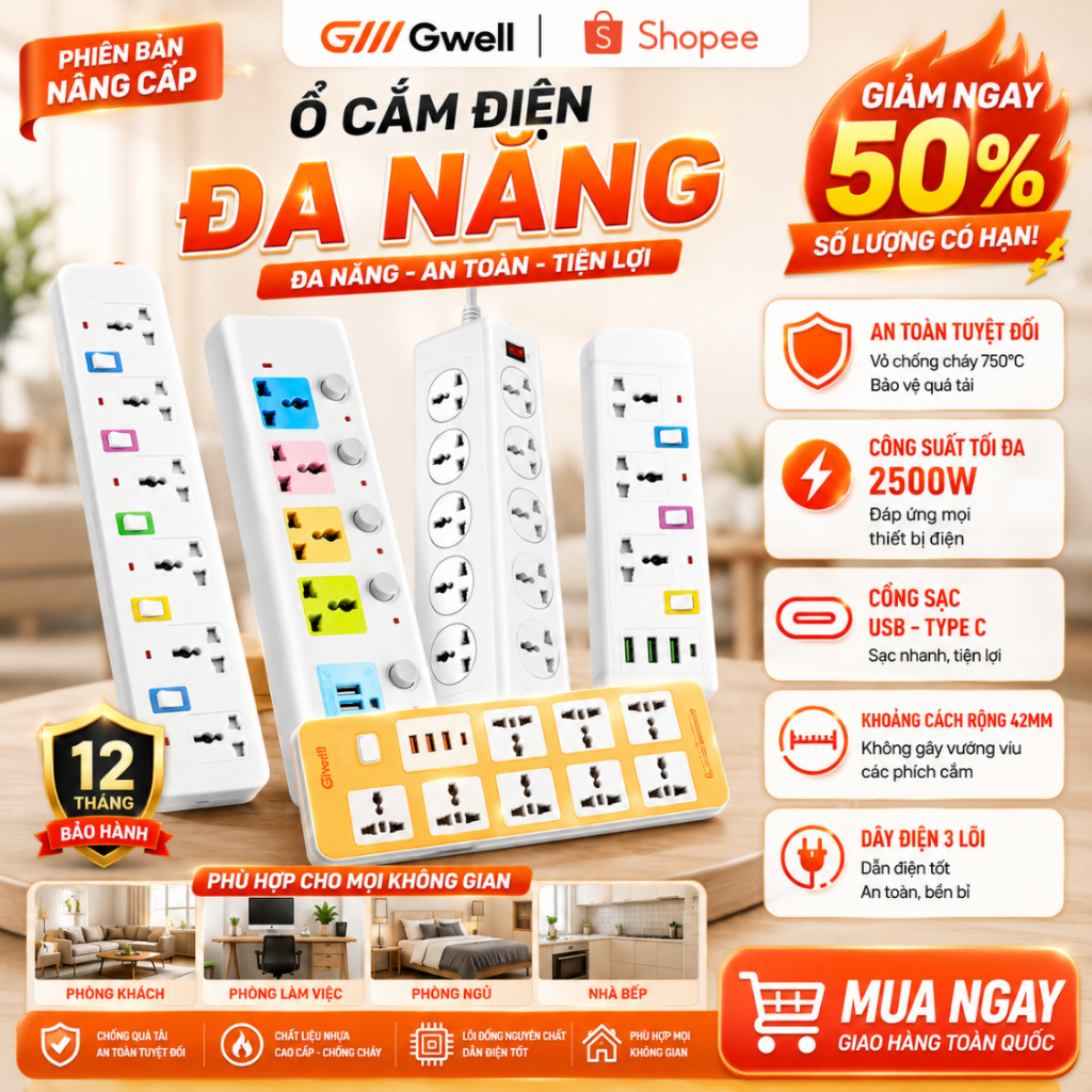 Ổ Cắm Điện, Ổ Điện USB Đa Năng Chịu Tải 2500W Dài 4m Có Chốt Bấm Chống Giật, Có Khóa Bảo Vệ An Toàn