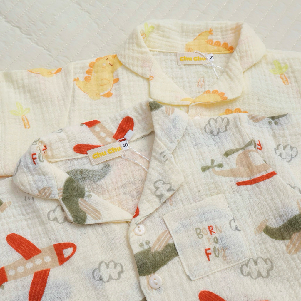 Đồ ngủ trẻ em 8-24kg | Bộ Pijama ngắn tay vải Xô Muslin thoáng mát, thấm hút mồ hôi