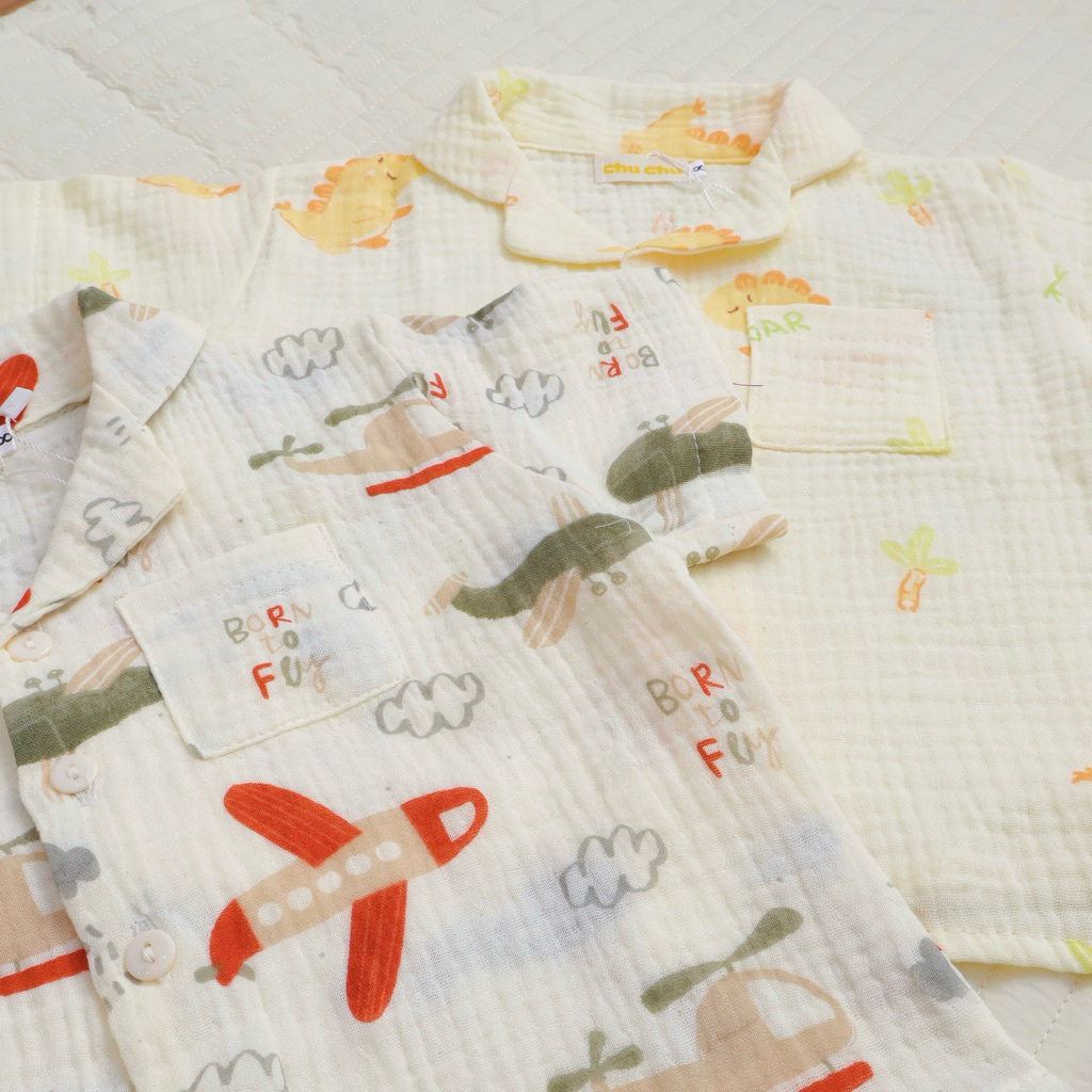 Đồ ngủ trẻ em 8-24kg | Bộ Pijama ngắn tay vải Xô Muslin thoáng mát, thấm hút mồ hôi