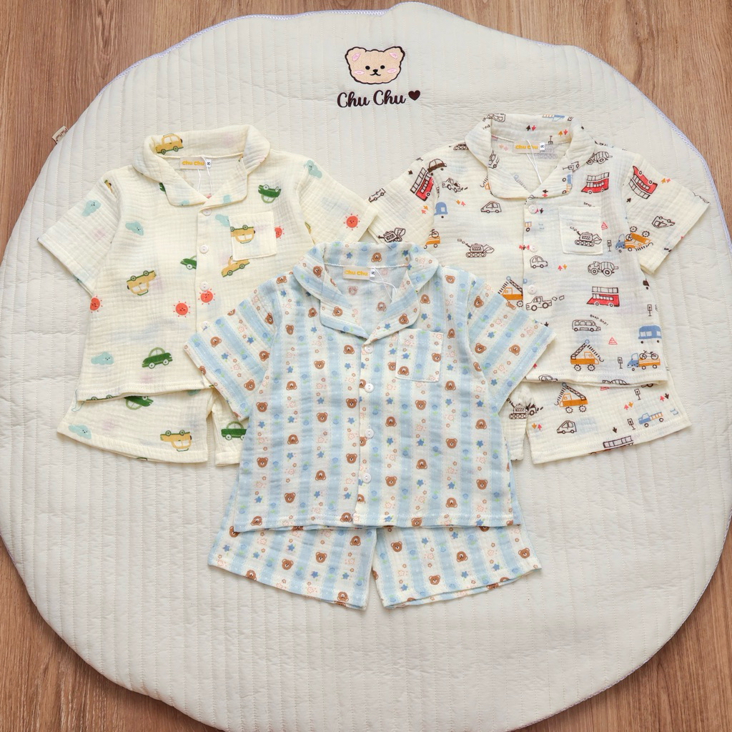 Đồ ngủ trẻ em 8-24kg | Bộ Pijama ngắn tay vải Xô Muslin thoáng mát, thấm hút mồ hôi
