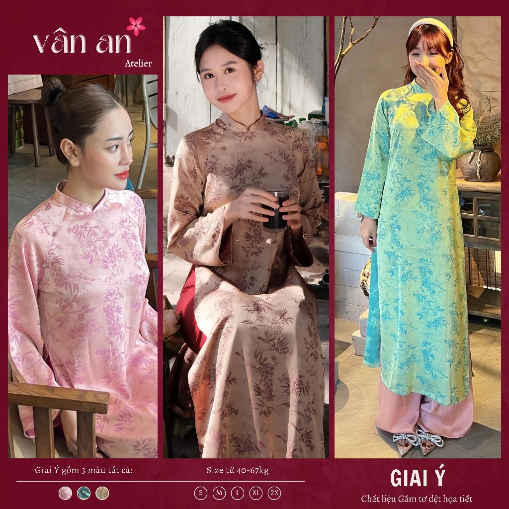 Áo Dài GIAI Ý - Chất Liệu Gấm Tơ In Họa Tiết Lá Trúc - Dáng Suông Cho Các Nàng Diện Tết, Lễ, Dạm Ngõ