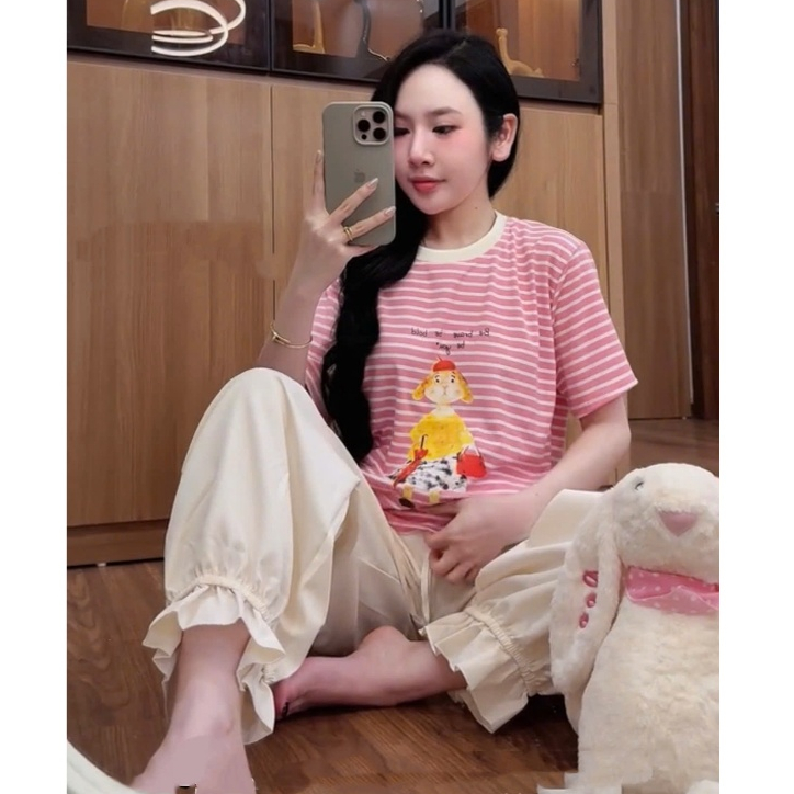 (Hỏa Tốc) Set Nữ Áo Thun Sọc Form Rộng + Quần Dài Bo Ống - Set Bộ Đồ Nữ Dễ Thương Mùa Hè 2026