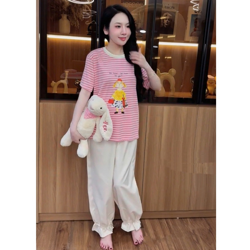 (Hỏa Tốc) Set Nữ Áo Thun Sọc Form Rộng + Quần Dài Bo Ống - Set Bộ Đồ Nữ Dễ Thương Mùa Hè 2026