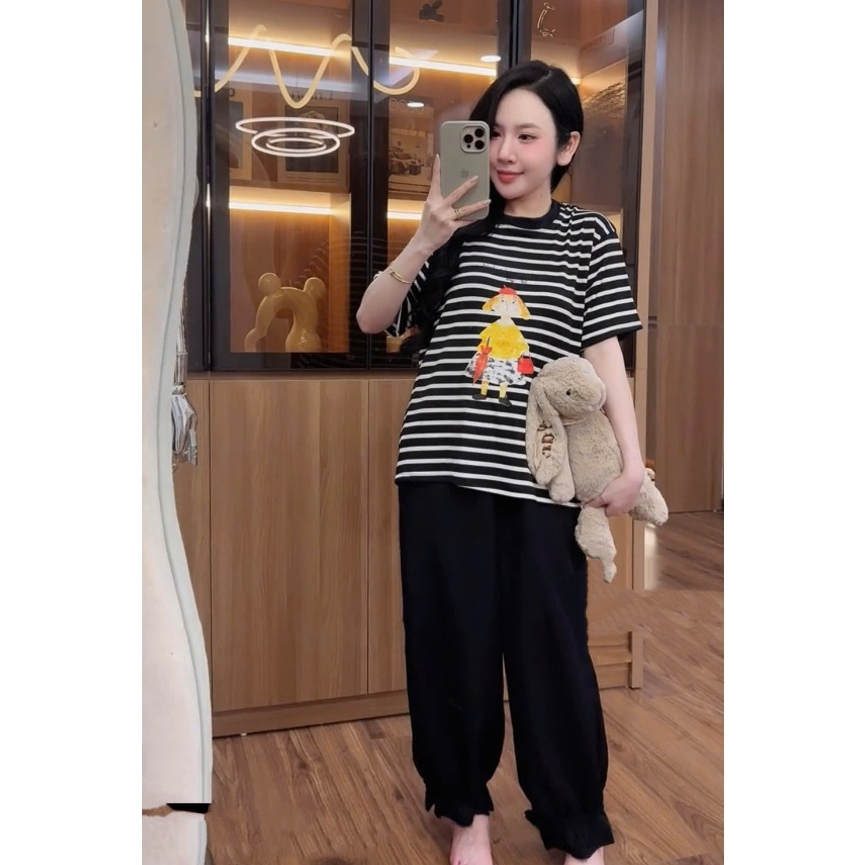 (Hỏa Tốc) Set Nữ Áo Thun Sọc Form Rộng + Quần Dài Bo Ống - Set Bộ Đồ Nữ Dễ Thương Mùa Hè 2026