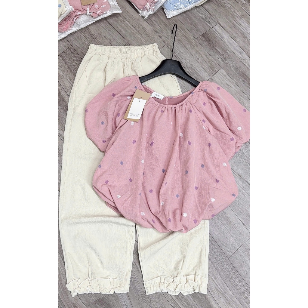 (Hỏa Tốc) Set Bộ Tiểu Thư Áo Babydoll Tay Phồng + Quần Dài Bo Gấu, Set Bộ Đồ Nữ Dễ Thương Hot Trend