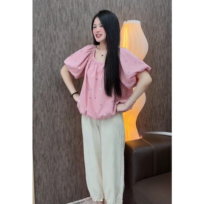 (Hỏa Tốc) Set Bộ Tiểu Thư Áo Babydoll Tay Phồng + Quần Dài Bo Gấu, Set Bộ Đồ Nữ Dễ Thương Hot Trend
