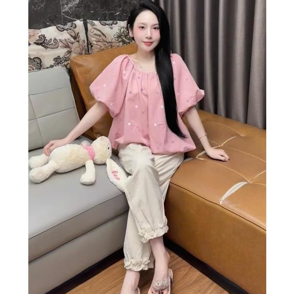 (Hỏa Tốc) Set Bộ Tiểu Thư Áo Babydoll Tay Phồng + Quần Dài Bo Gấu, Set Bộ Đồ Nữ Dễ Thương Hot Trend