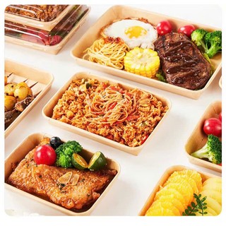Set Combo 50/100 Khay giấy Kraft chữ nhật kèm nắp dung tích 1850ml kích thước dài 26 * 18* 5