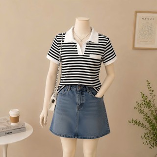 Áo thun tay ngắn  Nhỏ Clothing  nữ big size cổ bẻ sọc dáng dài mềm mịn, đẹp, không xù lông ,co giãn xinh xắn CB SOC