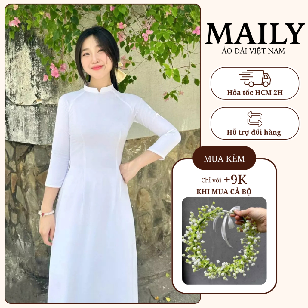 Áo Dài Trắng Học Sinh Cấp 3, Chất Lụa Mỹ Thoáng Mát Thiết Kế Cổ Chữ V Cao 2 Phân - ÁO DÀI MAILY