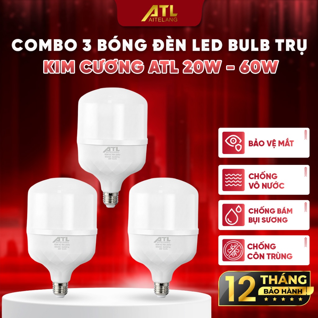 Combo 3 bóng đèn led ATL bulb trụ kim cương 20W-60W,ánh sáng trắng,đèn led chống nước,tiết kiệm điện