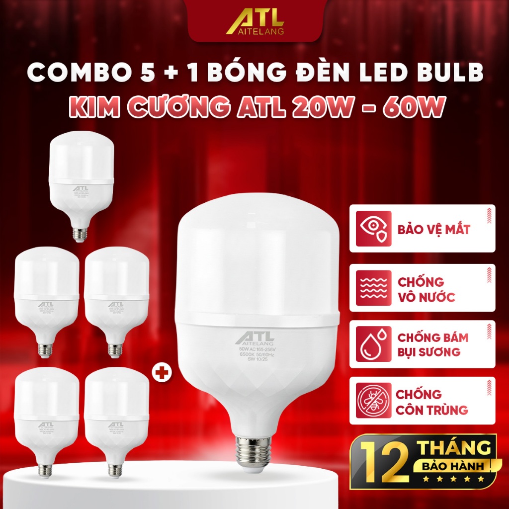 Bộ 6 bóng đèn led ATL bulb trụ kim cương 20W-60W, combo 6 bóng đèn led trụ chống nước,ánh sáng trắng