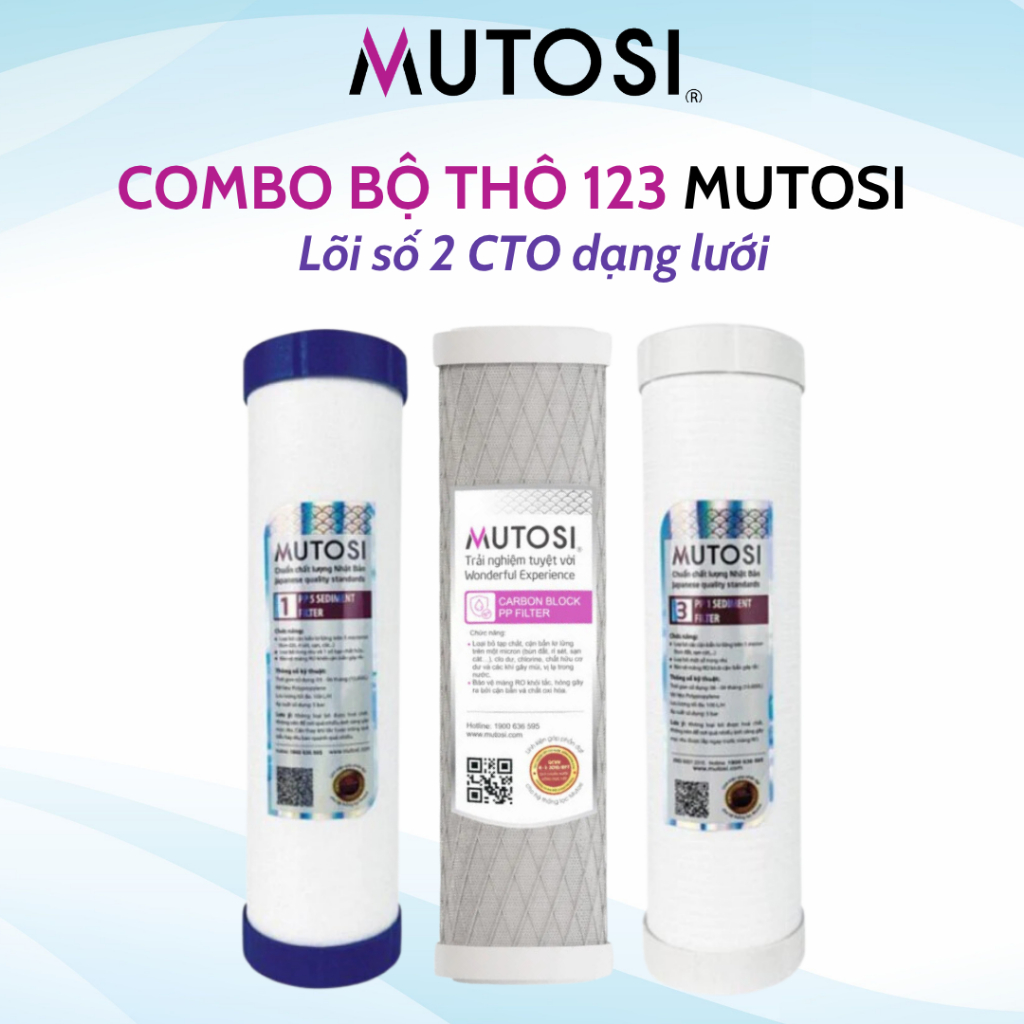 Combo Thô Mutosi CTO Lưới Dạng Than Nén Dùng Cho Các Máy Lọc Nước RO Giúp Loại Bỏ Các Tạp Chất Cặn Bẩn Và Chất Gây Mùi