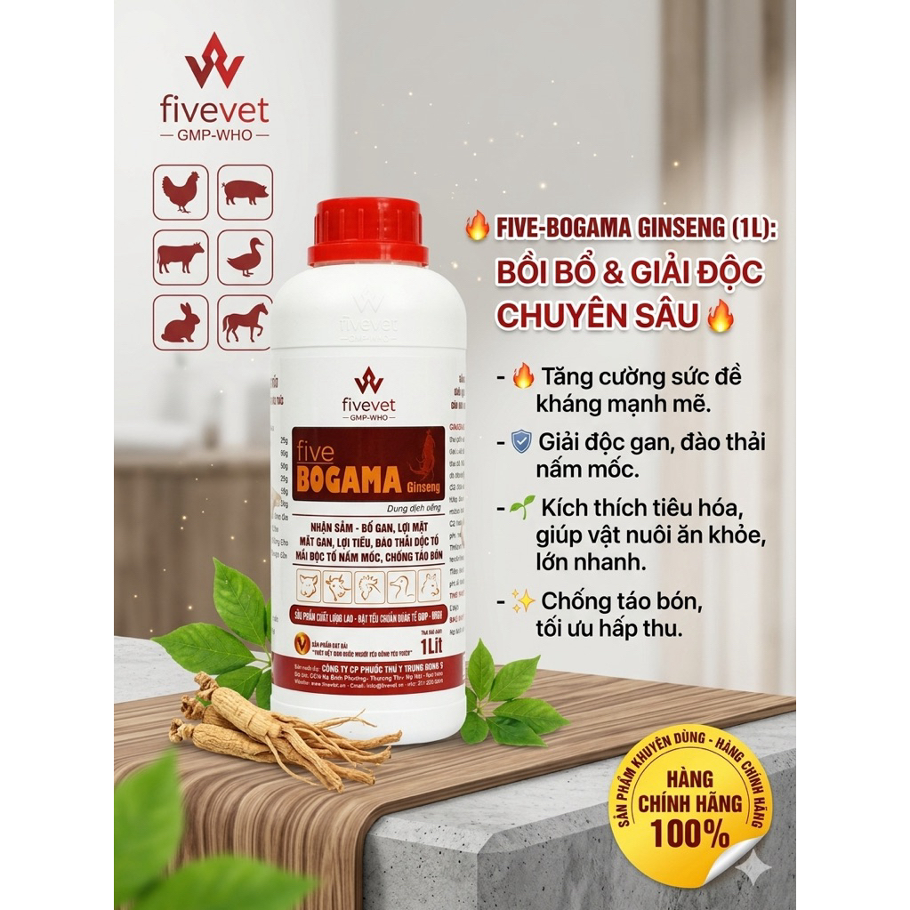 Bogama nhân sâm chai 1 lít Giải độc gan lợi mật cho vật nuôi