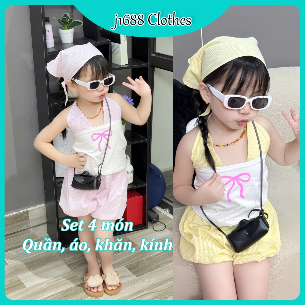 (10-40kg) Set 4 món áo quây bra (tặng khăn turban và kính trắng), quần đùi bí kẻ sọc đi biển cho bé  M0042