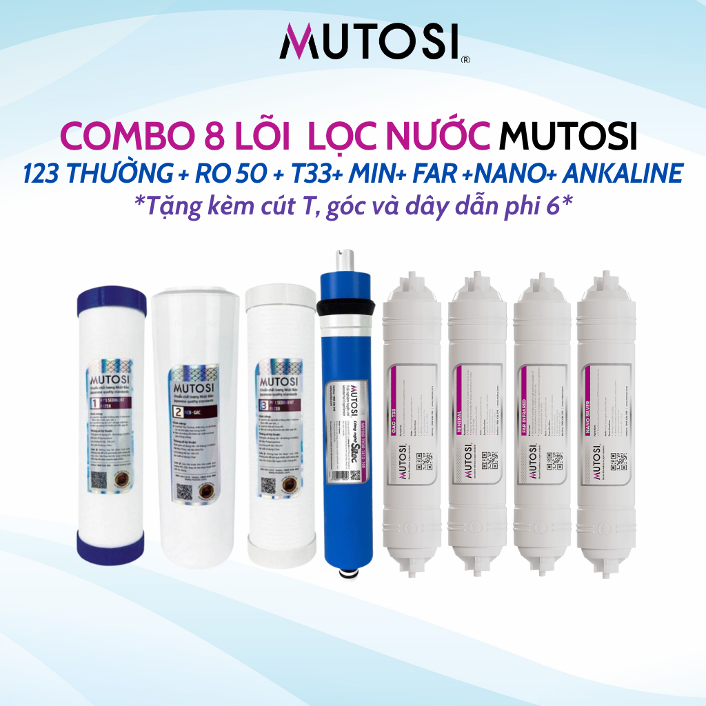 Combo 8 Lõi Lọc Nước Mutosi Cho Máy Lọc Nước RO 8 Cấp Lọc SD 123 Thường, RO 50, T33, Min, Far, Nano