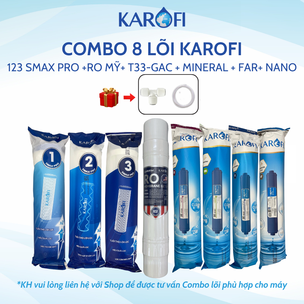 Combo 8 Lõi Lọc Nước Karofi Gồm Lõi 123 Smax Pro - Màng RO Đúc 100GPD Cắm Nhanh - T33 Mineral Far Nano ERO80 Mẫu mới