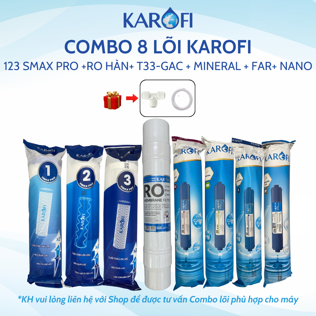 Combo 8 Lõi Lọc Nước Karofi Gồm Lõi 123 Smax Pro - Màng RO Đúc 100GPD Cắm Nhanh - T33 Mineral Far Nano ERO80 Mẫu mới