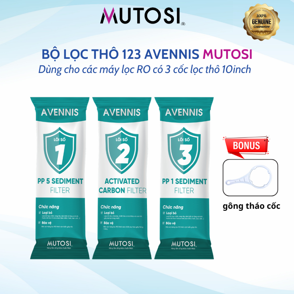 Bộ 3 lõi lọc thô Mutosi Avennis loại bỏ hiệu quả tạp chất, bụi bẩn dùng cho các máy lọc RO có 3 cốc lọc thô 10Inch