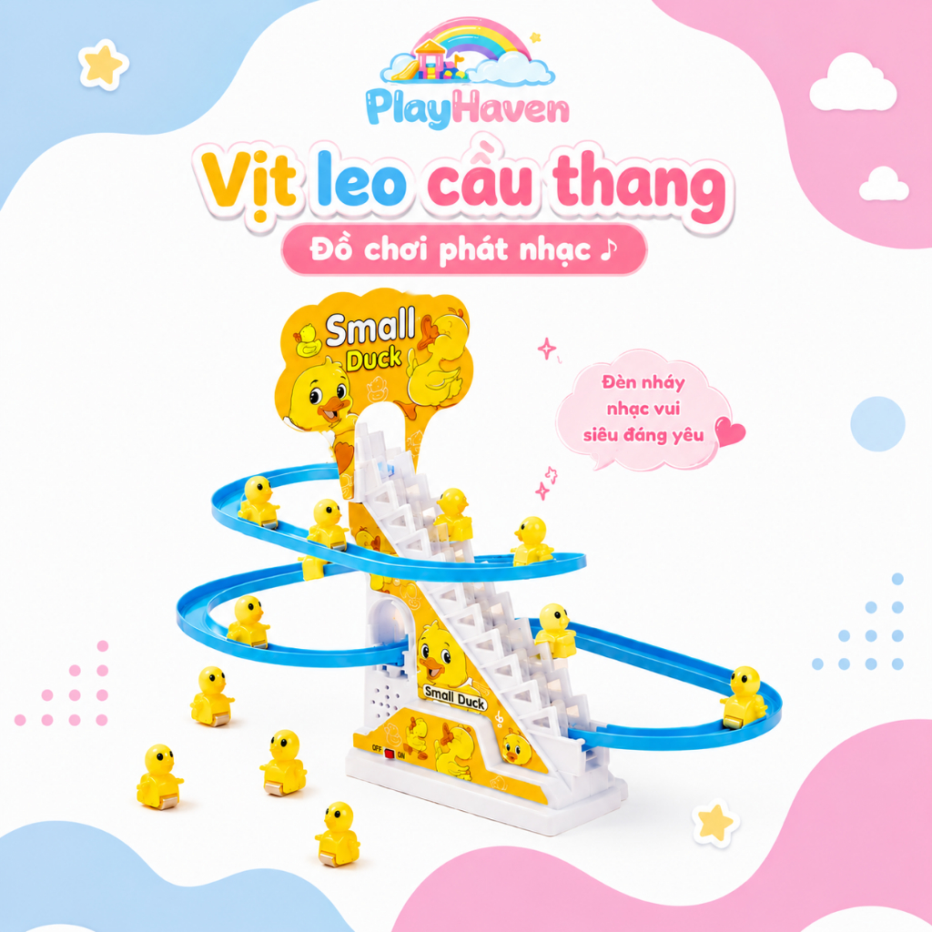 Đồ Chơi Vịt Leo Cầu Thang Phát Nhạc 3 Tầng 3/6/9 Vịt Cho Bé, Chạy Đèn Vui Nhộn Tặng Kèm Pin
