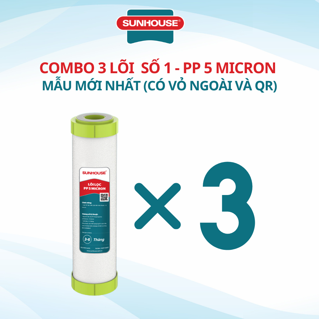 Combo 3 Lõi Số 1 SUNHOUSE (KHÔNG PHẢI COMBO 123) PP 5 Micron Chính Hãng Mẫu Mới Dành Cho Cốc Lọc 10Inch