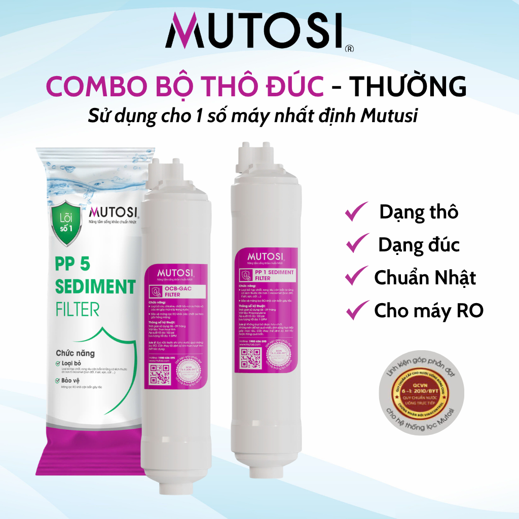 Combo Thô Mutosi Gồm Lõi 1 PP 5 Micron Loại Thường Và Lõi 2 OCB Lõi 3 PP1 Micron Dạng Đúc Dùng Cho Máy Lọc Nước RO