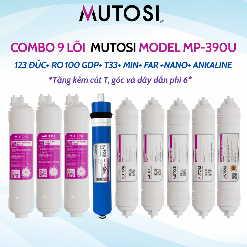 Combo 9 Lõi Lọc Nước Mutosi Sử Dụng 123 Đúc, Màng RO Seltic 100GPD, T33, Min, Far, Nano, Aklaline Model MP-390U