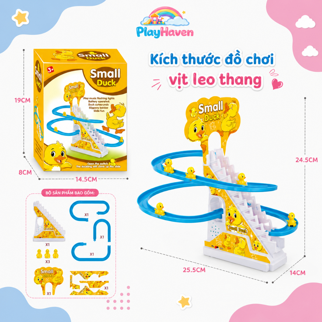 Đồ Chơi Vịt Leo Cầu Thang Phát Nhạc 3 Tầng 3/6/9 Vịt Cho Bé, Chạy Đèn Vui Nhộn Tặng Kèm Pin
